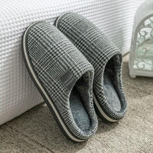 Qmaigie Winter slippers men Warm Slip On Plush Furry Shoes Houndstooth Couple Home Shoes Houndstooth shoes Female Comfort Winter