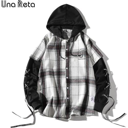 Una Reta Mens Shirt Autumn New Brand Hip-Hop Ribbon Men Shirt With Hooded Streetwear Retro Lattice Splicing Sleeve Shirts