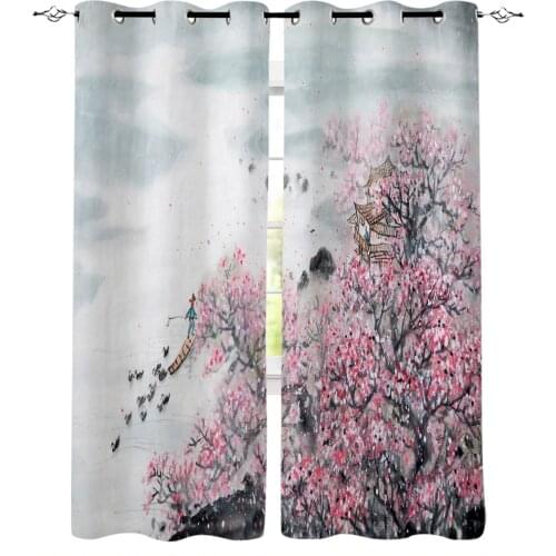 Plum Blossom Ink Painting Chinese Style Print Curtains for Living Room Drapes for Kids Boy Girl Bedroom Window Treatments
