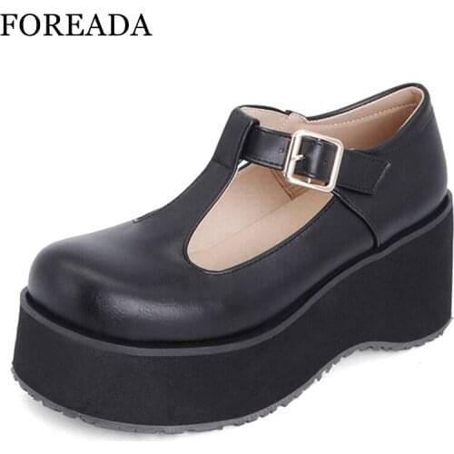 FOREADA T-tied Lolita Shoes Patent Leather Platform Wedges High Heels Pumps Round Toe Fashion Buckle Female Footwear Autumn 46