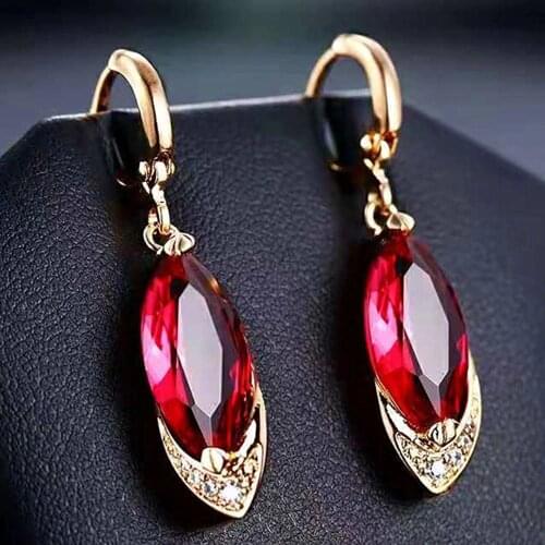 Ruby gemstones Dangle Drop earrings for women 18k rose gold color pendientes mujer red crystal elegant diamonds jewelry bijoux