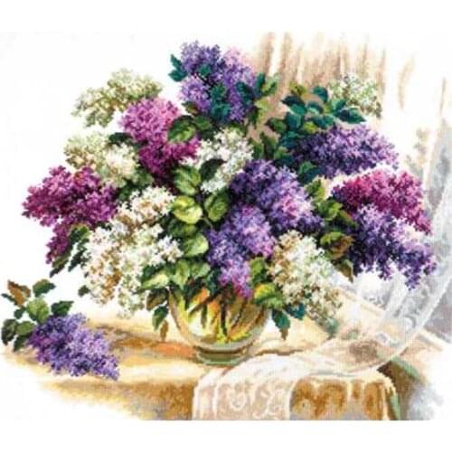 Top Quality Beautiful Counted Cross Stitch Kit Lilac Lilacs Purple Flower Flowers at Windowsill
