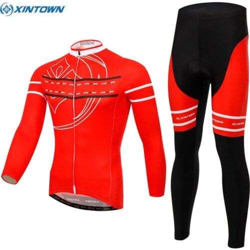 XINTOWN Team Mens Red Clothing Set Ropa Ciclismo MTB Bike Bicycle Cycling Long Sleeve Jersey Bib Pants Suit S-4XL