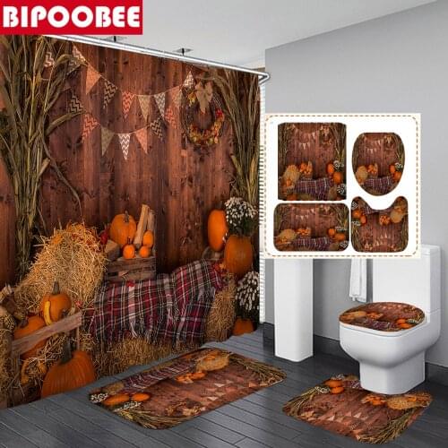 Autumn Farmhouse Pumpkin Harvest Pattern Bathroom Curtain Set Bath Mat Anti-slip Rug Waterproof Fabric Festival Shower Curtains