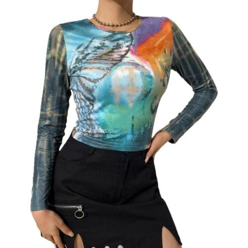 Women Color Block T-shirt, Adults Autumn Printed Long Sleeve Round Neck Crop Tops