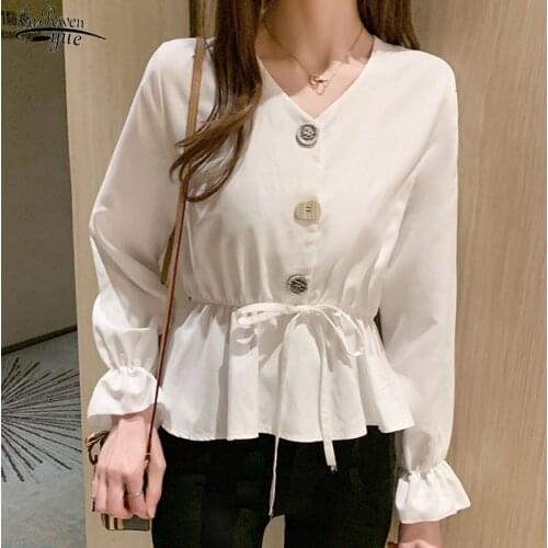 Blusas mujer Vintage V-neck Flare Sleeve Chiffon Blouse Women Shirt Elegant Front Buttons Slim Waist Ruffles Female Blouse 10568