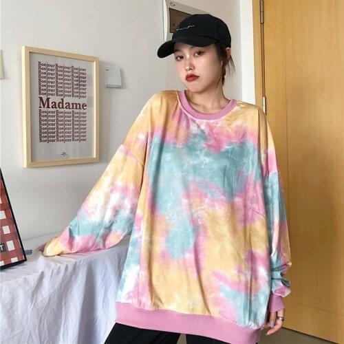 Harajuku Womens Tie Dye Sweatshirts Oversized Long Sleeve O neck Korean Loose Fit Casual Pullover Clothes Tops