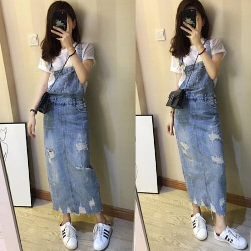 Women Spring Autumn Holes Shoulder Strap Denim Dress Female Fall Blue Jean Vest Maxi Dress Ladies Casual Overall Tank Long Robe
