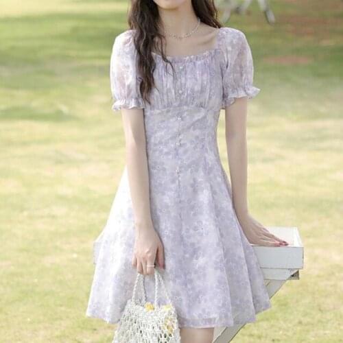 Hstar Summer Purple Elegant Floral Dress Women Flare Sleeve Slim Sweet Dress Chiffon Ruffles Fit Chic Party Fairy Dress