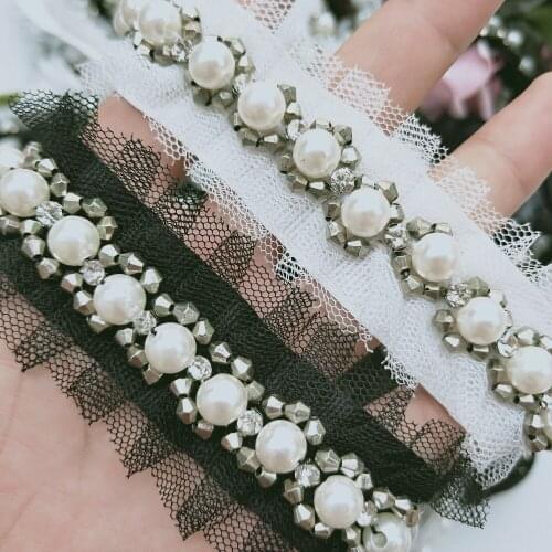 1Meter 25mm White Black Diamond Pearl Beads Lace Ribbon Trim Fabric Edge Embroidered Applique Sewing Craft Wedding Dress Clothes