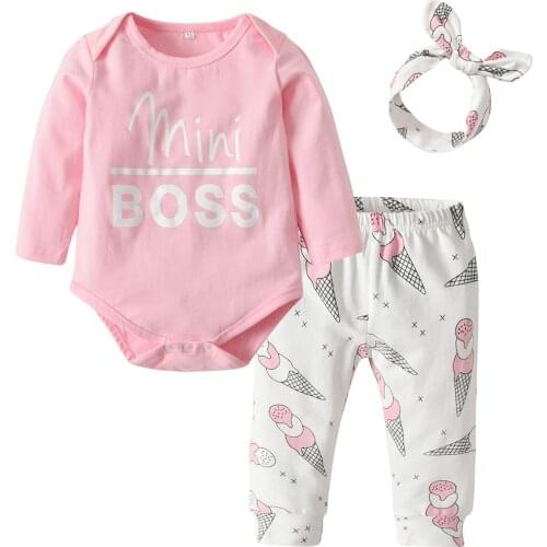 3Pcs/Set Toddler Baby Girls Clothing Sets Long-sleeved Mini Boss Letter Romper For Newborns+Printed Pants+Headband Infant Suits