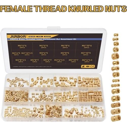 390/280PCS M2 M2.5 M3 M4 M5 Female Thread Knurled Nuts Brass Threaded Insert Round Injection Moulding Knurled Nut Assortment Kit