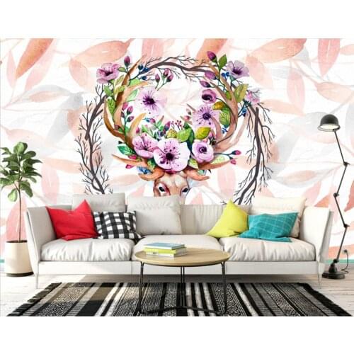 Customized 3d leaf deer head flower Nordic modern minimalist TV bedroom living room decoration background wall paper
