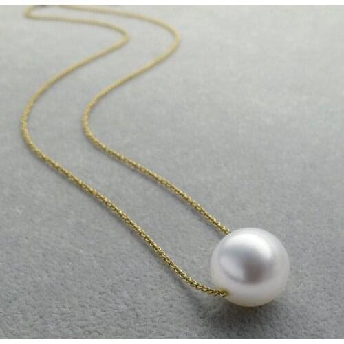 Free shipping Classic AAA 11-12mm Round Genuine South Sea White Pearl Necklace 18K Yellow Gold
