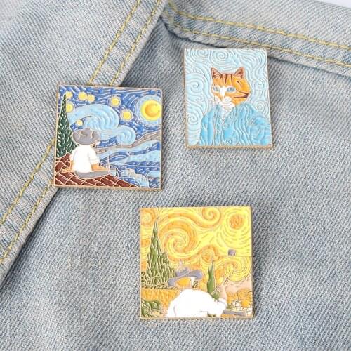 Cat Self Portrait Wheatfield Star Night Enamel Pins Famous Painting Brooche for Painter Fans Bag Clothes Lapel Pin Badge Jewelry
