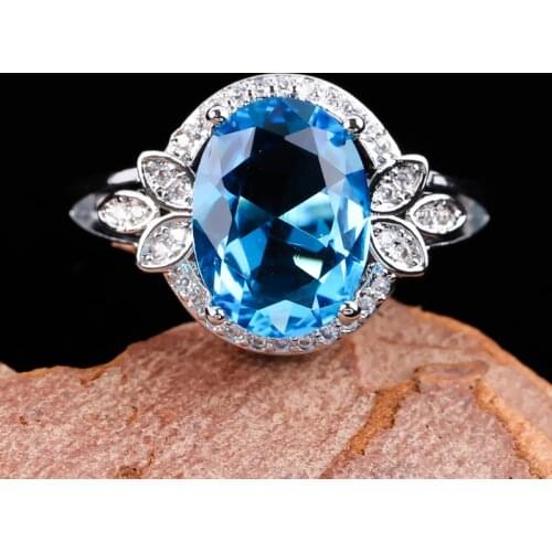 Classic Oval Blue CZ Stone Rings for Women Crystal Rhinestone Leaves Wedding Engagement Party Bridal Rings Charm Jewelry Gift