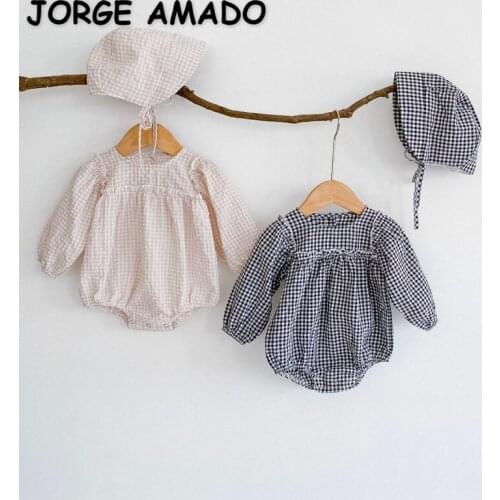 2021 New Autumn Baby Girls Bodysuits Black Apricot Plaid Long Sleeve Jumpsuit + Cap Baby Clothing Cute Style for 0-2 Years E2541