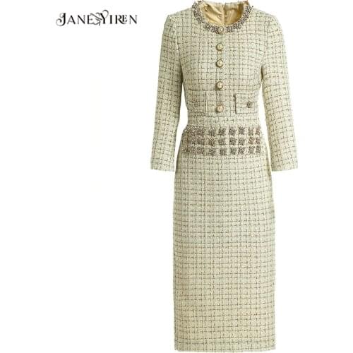 JaneYiren Fashion Designer dress Spring Autumn Womens Dress Crystal Button Gold wire tweed Slim Dresses