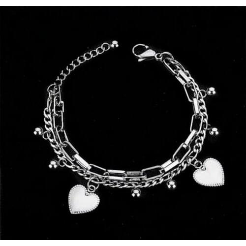 Harajuku Fashion Hip-hop Bracelet Stainless Steel Heart Charm Bracelet Double Layered Figaro Chain Bracelet for Men Women