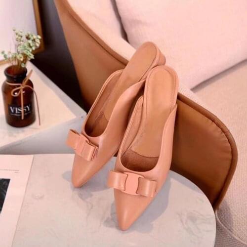 Genuine Leather Womens Mules Butterfly Tie Decor Pointed Toe Summer Shoes Low Heels Leisure Shoes Luxury Brand Chic Woman Shoe