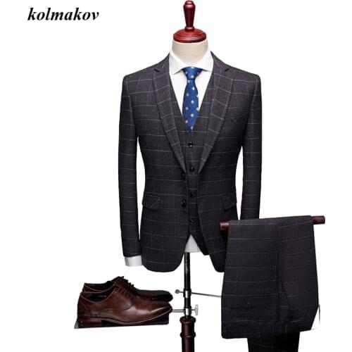 KOLMAKOV New Arrival Style Men Three-pieces Suits Business Casual Single Breasted Mens Slim Plaid Wedding Dress Suits Blazers