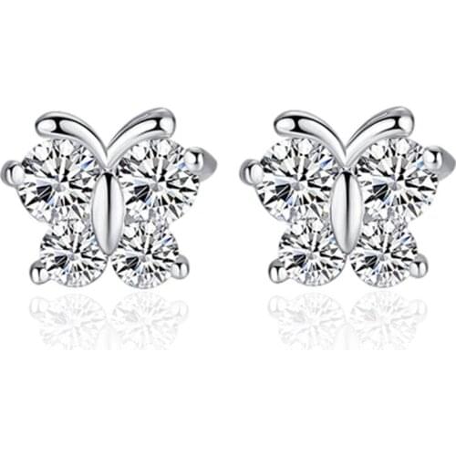 100% 925 sterling silver hot sell butterfly design shiny crystal stud earrings for women wholesale jewelry gift drop shipping