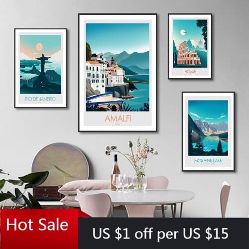 Nordic Painting Landscape Rome Amalfi Canvas Painting Art Print Rio Poster Moraine Lake Picture Wall Decor Living Home Room Deco