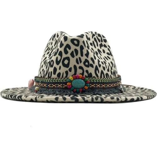 Trend Unisex Flat Brim Wool Felt Jazz Fedora Hats Men Women Leopard Grain tassel Band Decor Trilby Panama Formal Hats 58-60cm