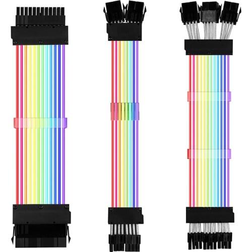 PSU Extension Cable RGB Motherboard Extension ATX 24PIN,GPU Extension Double/Triple 8PIN PCI-E 6+2Pin Rainbow Cord PC Decoration