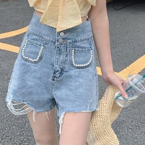 Pearl hole denim shorts female 2021 summer new hot girl high waist loose wide leg hot pants trousers women jeans Shorts