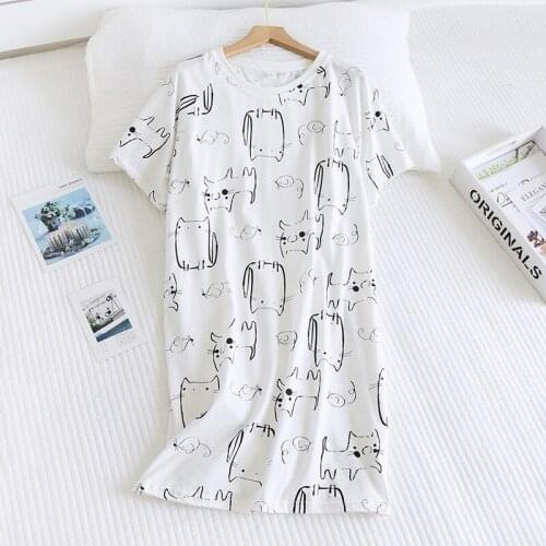 Woman Dress Cartoon Cat Printed Cotton Pajamas Night Dress Short Sleeve Summer Dresses Female Loose Casual Nightgown For Women