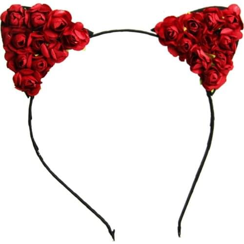 Candiway Fashion Cute Rose Flower Cat Ears Headband Headwear Hair Hoop Hair Accessories for Ladies Cosplay Party
