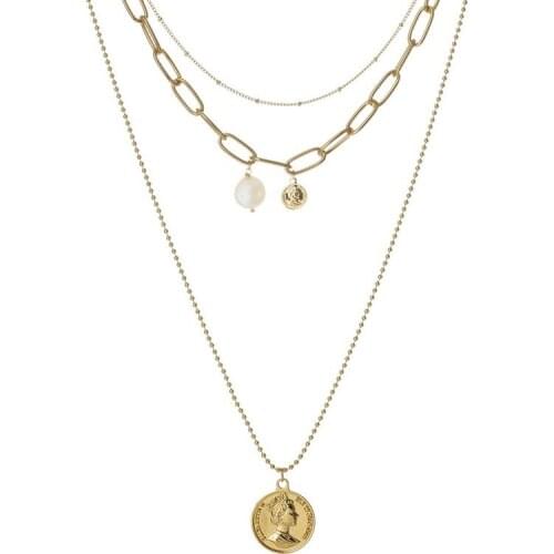 Women Multilayer Necklace KC Gold Plated Simple Jewelry Elizabethan Retro Coin Pendant Baroque Pearl Clavicle Chain Jewelry