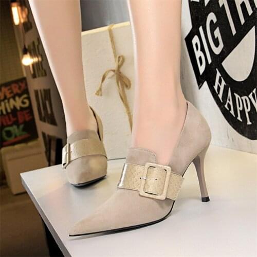 2020 Deep Mouth Female Flock Shoes Autumn Sexy Snake pattern Belt Buckle Womens High Heels Shoes Pointed Toe Ladies Party Pumps