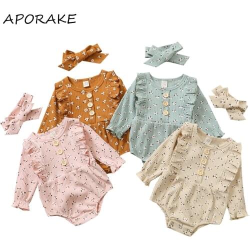 2021 0-24M Baby Girl Romper 2pcs Floral Print Clothes Set Long Sleeve O-neck Jumpsuit with Ruffles+Bow-knot Headband Spring Fall