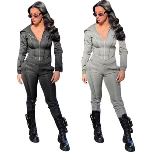 81Y8061 Autumn Winter Women Casual Fashion Solid Zipper with Hood Skinny Sports Two Piece Set Tracksuit Sweatsuit Outfits Hot