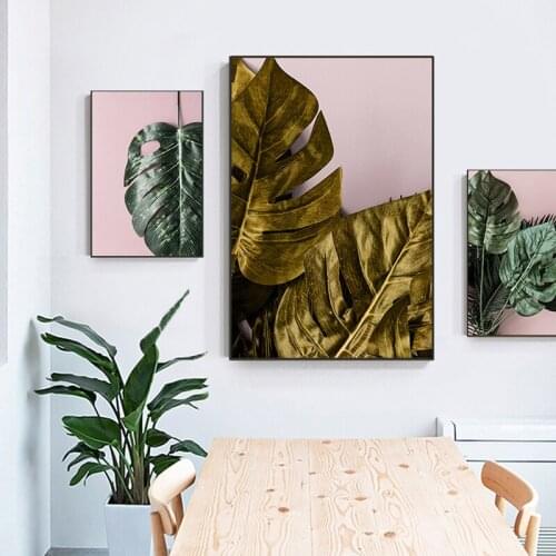 Abstract Golden Monstera Leaf Poster N Print Modern Green Plant Wall Art Picture Living Room Nordic Canvas Painting Tableaux