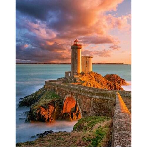 ARMYQZ5D Diamond Mosaic Lighthouse Round Square Diamond Painting Cross Stitch Sea House Square Diamond Embroidery Sea Home Decor