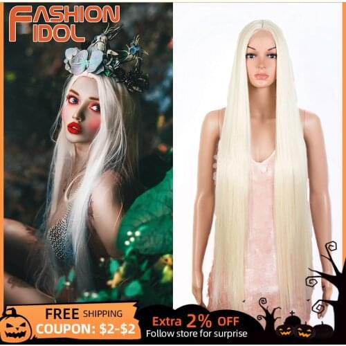 Blonde Lolita Lace Wigs Cosplay Middle Part Long Straight Hair 38 Inch Anime Synthetic Lace 613 Wig For White Women FASHION IDOL