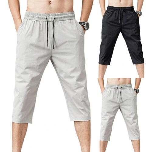 Hot Sales Solid Color Capri Pants Elastic Waist Men Drawstring 3/4 Length Cropped Trousers Sweatpants