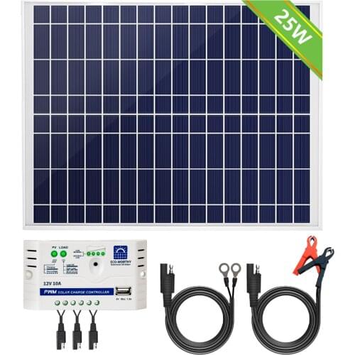 ECO-WORTHY High Efficient 10W/25W 12V Poly Solar Panel Kit Charge Battery 10A PWM Charge Controller Battery Clip For RV Boat