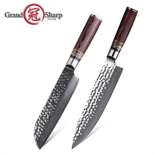 Grandsharp Chef Knife Set 2 Pcs Japanese Steel Damascus Kitchen Knives Japanese Knife Set Santoku Kitchen Knife vg10 Damascus