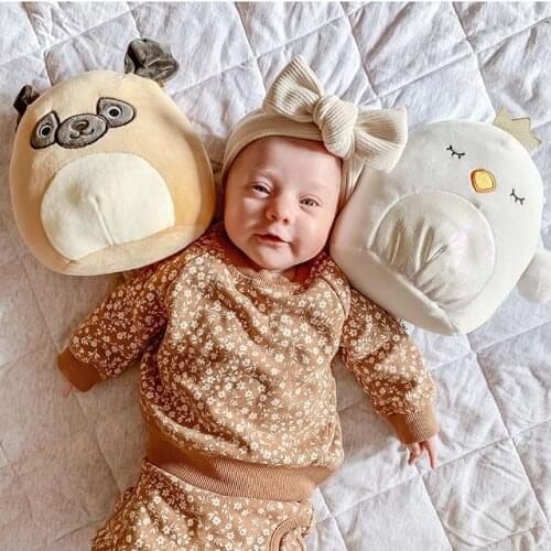 Newborn Baby Girls Two-piece Clothes Set, Babies Floral Printed Pattern Round Collar Top + Long Pants, Khaki/ Pink/ Grey Outfits