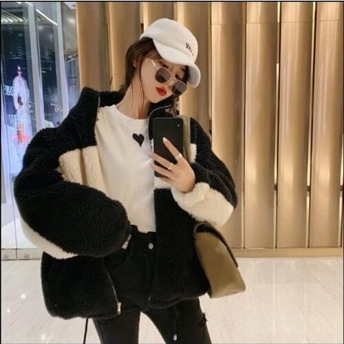 Korean 2021 New Faux Lamb Fur Jacket Women Autumn Winter Clothes Loose Thick Warm Contrast Stand Collar Cotton-padded Coat X178