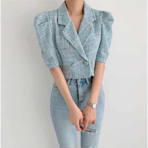 Korea Chic Retro Summer Short Sleeve Lapel Tweed Jacket Straight Puff Sleeve Short Cardigan Coat Crop Tops Fashion Sexy Wild