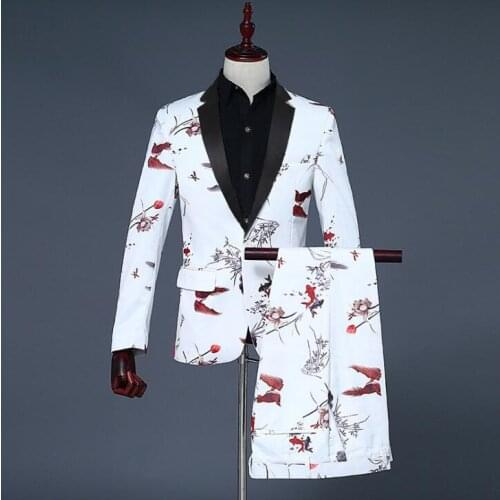 Pisces printing groom suits for men blazer boys prom mariage suits mens fashion slim masculino latest coat pant designs white