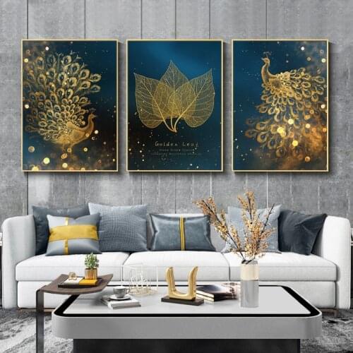 Art Golden Leaf Peacock Paintings Wall 3 Panel Canvas Modular Nordic Picture HD Print Posters Framed For Living Room Home Decor