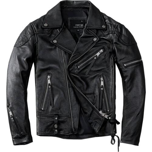 Motorcycle Jacket Mens Genuine Cowhide Coat Pure Top Layer Cowhide Zip Slim Biker Jacket for Male