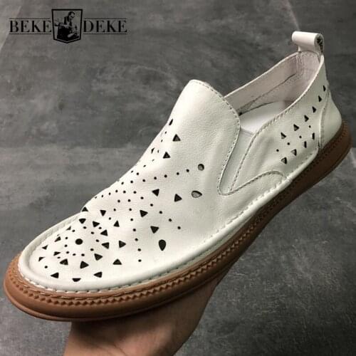 Summer Mens Hollow Out Breathable Slip On Round Toe Loafers High Quality Genuine Leather Male Soft Comfort Casual Flat Shoes