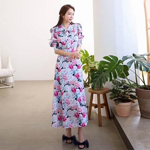 New arrival fashion korean style beach dress women elegant summer stand neck temperament OL sweet print slim a-line dress